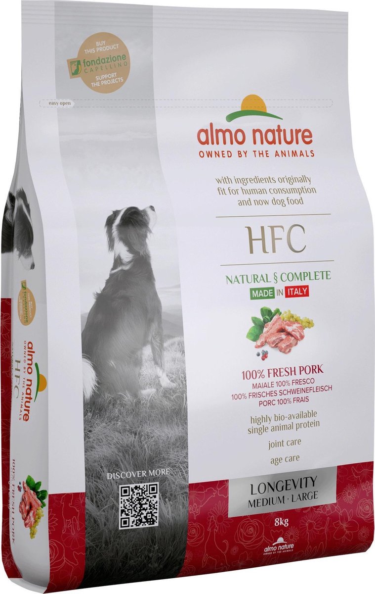 Almo Nature - Hond HFC Longevity brokken voor middelgrote tot grote honden - zeebaars en zeebrasem of varkensvlees - 8kg