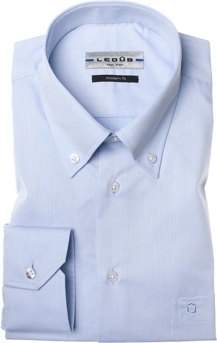 Ledeb Modern Fit overhemd - blauw - Strijkvrij - Boordmaat: 48