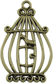 Bronskleurige hangers 10 stuks "Vogel in kooitje" 33x20mm