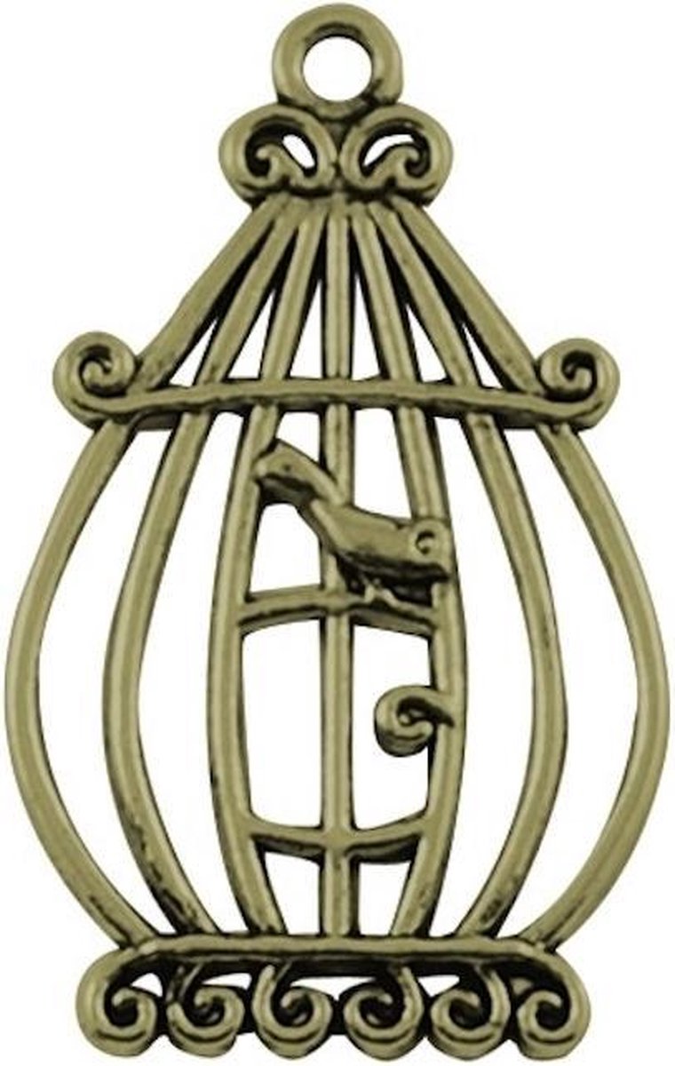 Bronskleurige hangers 10 stuks "Vogel in kooitje" 33x20mm