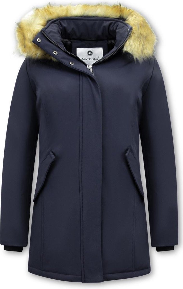 MATOGLA Dames Winterjas met Imitatie Bontkraag - Slim Fit - Blauw