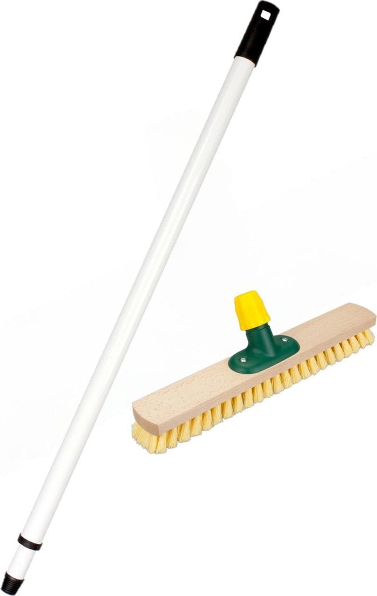 Houten schrobborstel/schrobber geel/groen inclusief metalen telescoopsteel wit 130 cm - Schoonmaakborstels