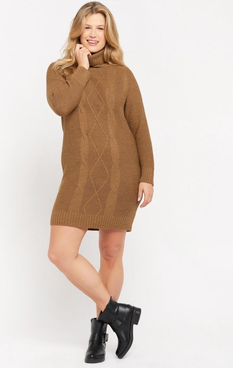 Gebreide mini jurk met rolkraag - Camel