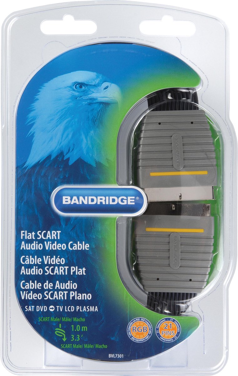 Bandridge 21pin platte scartkabel met vergulde contacten - 1 meter
