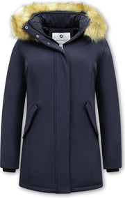 MATOGLA Dames Winterjas met Imitatie Bontkraag - Slim Fit - Blauw