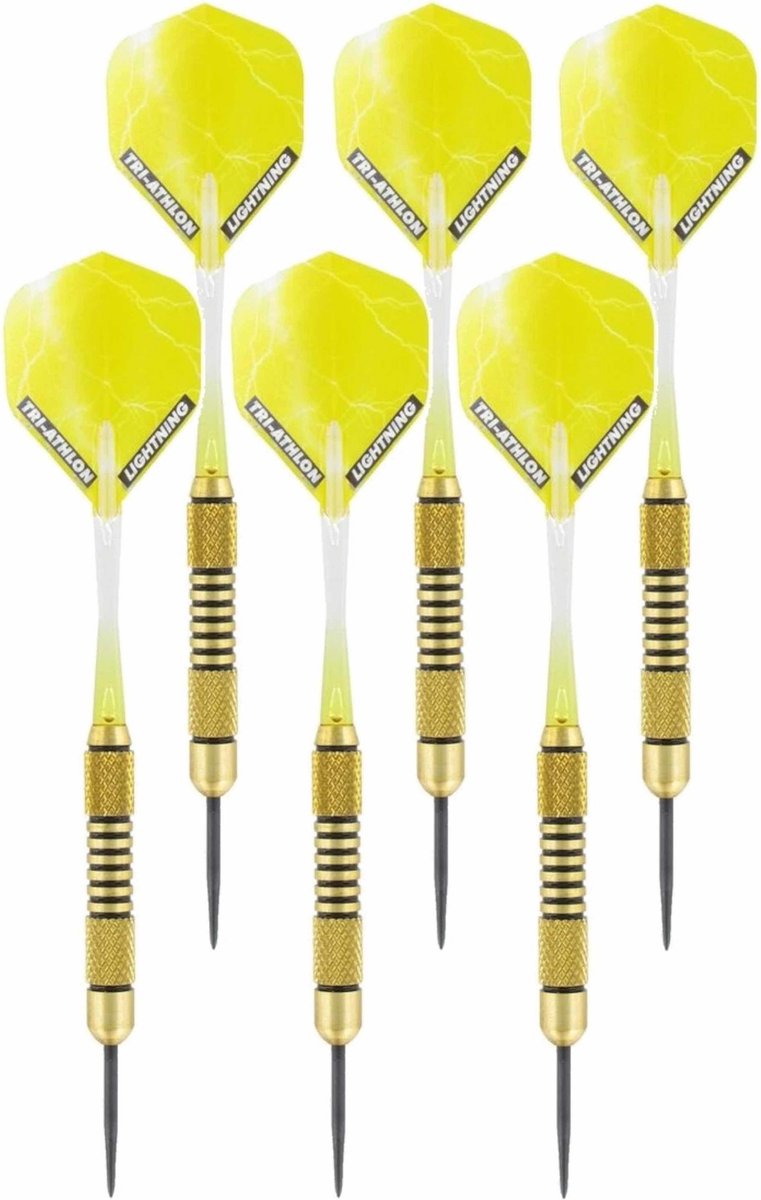 2x Set van 3 dartpijlen Speedy Yellow Brass 19 grams - Darten/darts sport artikelen pijltjes messing