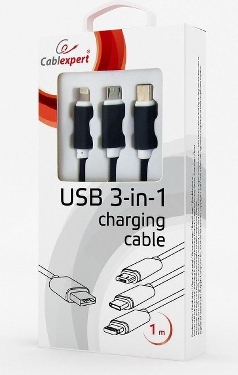 3-in-1 USB laadkabel 1 meter zwart