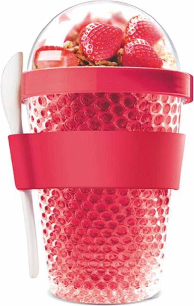 Sareva Muesli Beker Yoghurt 2 Go Rood met lepel