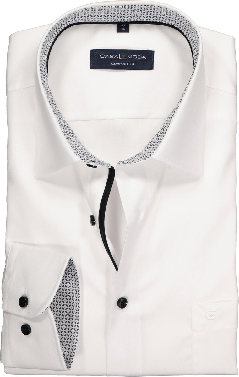 CASA MODA comfort fit overhemd - wit (zwart contrast) - Strijkvrij - Boordmaat: 50
