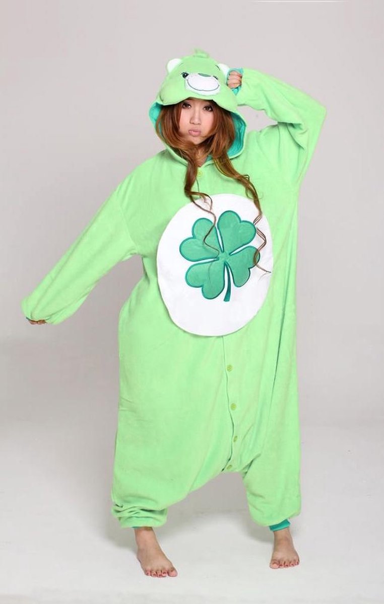 KIMU Onesie Troetelbeer groen - maat 110-116 - Troetelbeertje pak kostuum Good Luck klavertje vier kinder berenpak beer pyjama