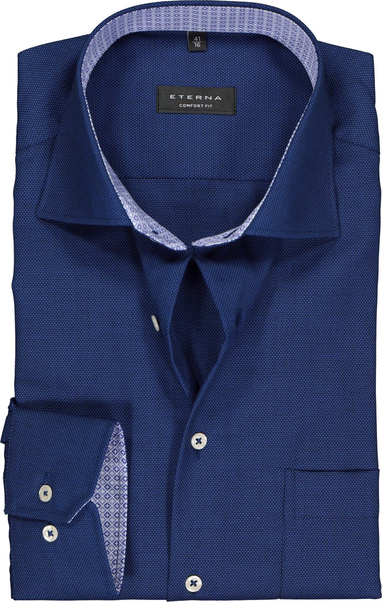 ETERNA comfort fit overhemd - structuur heren overhemd - donkerblauw (blauw dessin contrast) - Strijkvrij - Boordmaat: 48