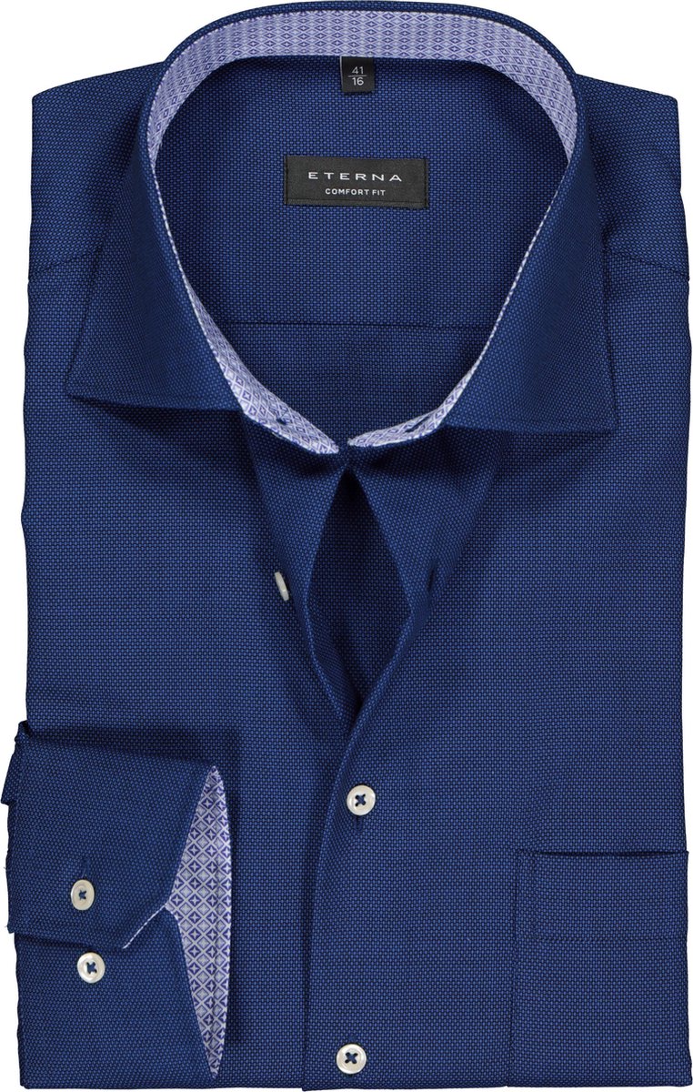 ETERNA comfort fit overhemd - structuur heren overhemd - donkerblauw (blauw dessin contrast) - Strijkvrij - Boordmaat: 47