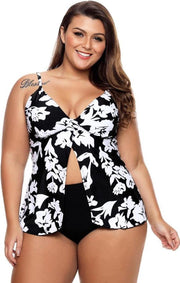 Tankini Dames 2-Delig - Zwart Wit Gebloemd - Maat XXXL/3XL 'Ticka'