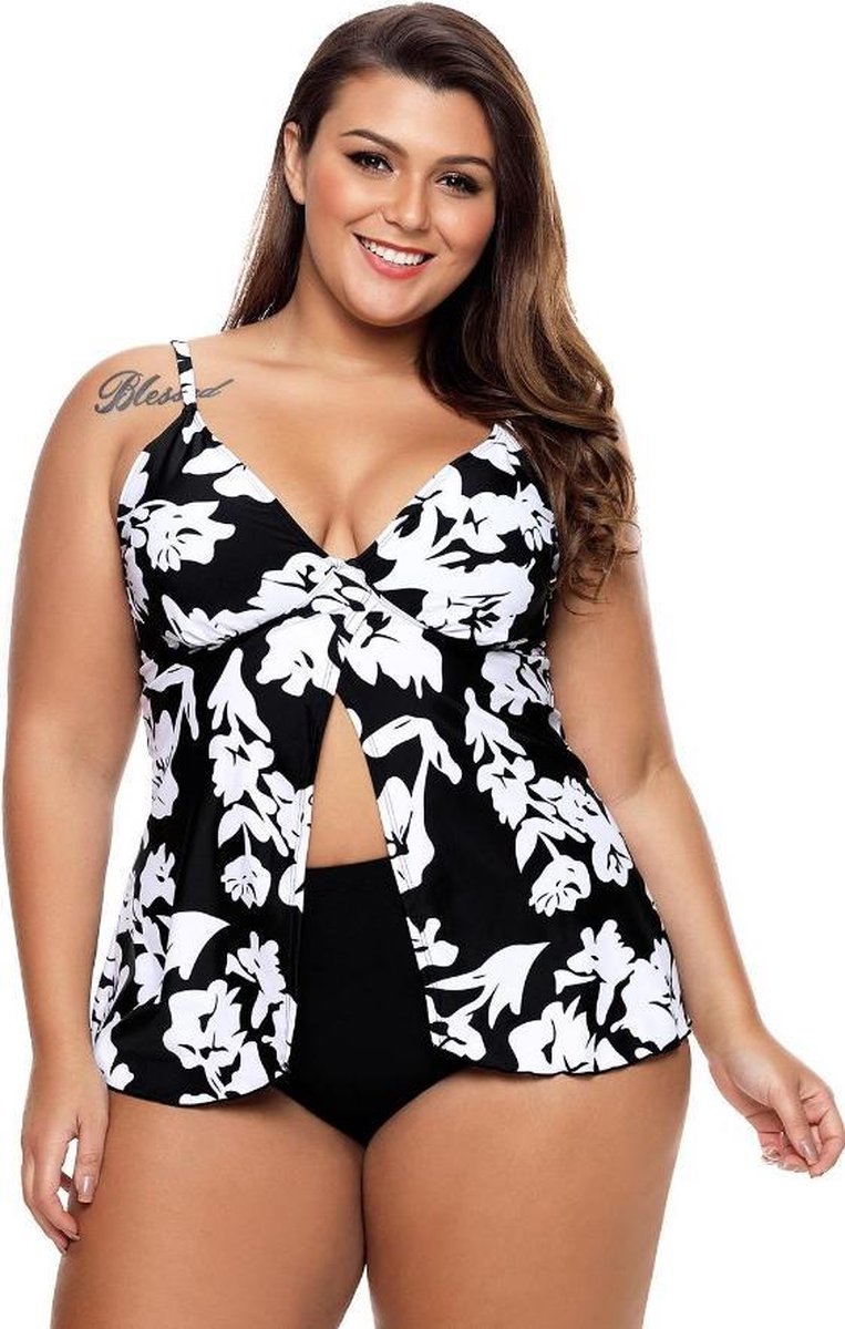Tankini Dames 2-Delig - Zwart Wit Gebloemd - Maat XXXL/3XL 'Ticka'