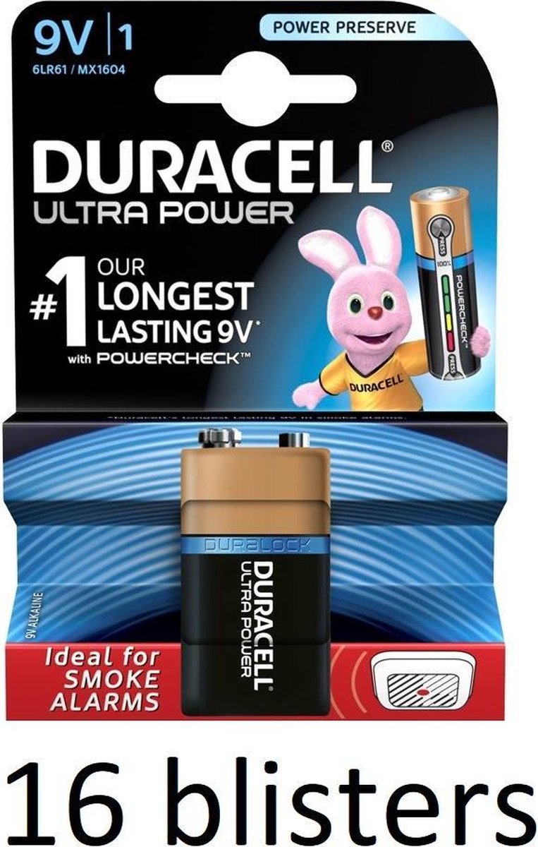 16 Stuk (16 Blisters a 1 st) Duracell Alkaline Ultra Power 9V - 9 Volt