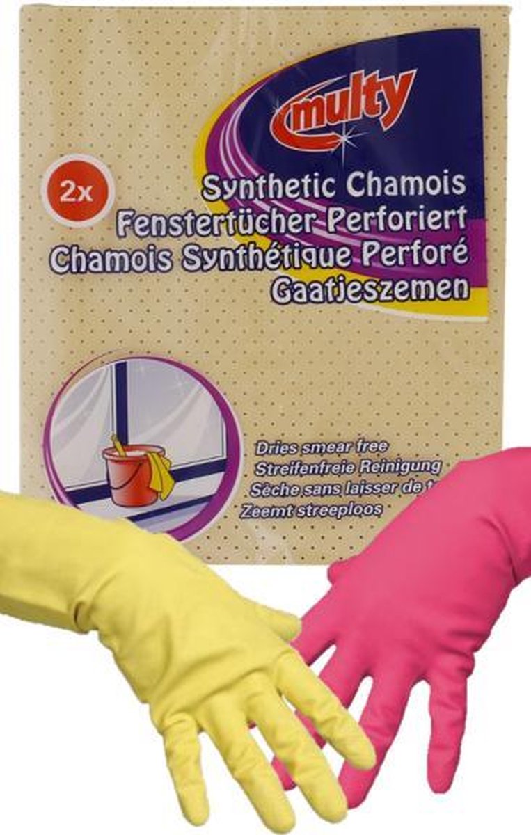 1x Multy Gaatjeszeem 36x38cm 2 Stuks - 2x Geel/ Roze Multy Luxe Huishoudhandschoenen maat S  - Schoonmaak set - Schoonmaken - Cleaning - Huishouden.