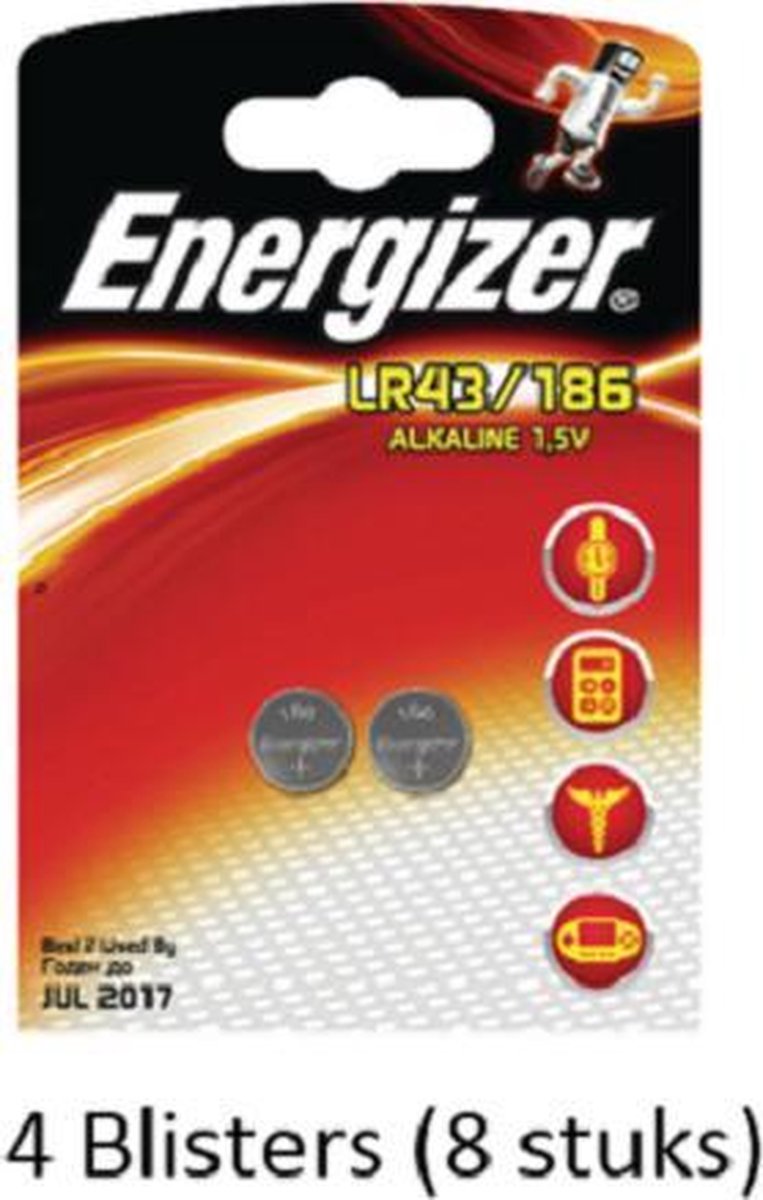 8 stuks (4 blisters a 2 stuks) Energizer knoopcel LR43/186 1.5V
