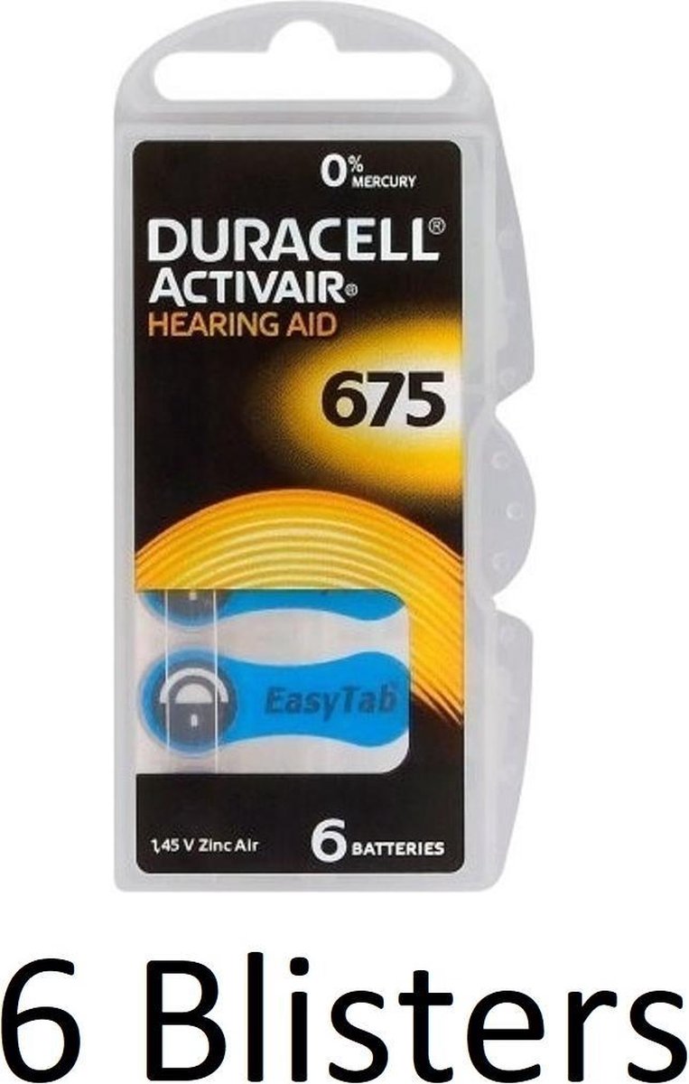 36 stuks (6 Blisters a 6 st) Duracell Duralock Hearing Aid 675 Blauw