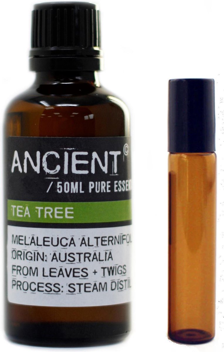 Tea Tree olie - 50 ml - etherische olie - met roll on navulflesje - Melaleuca - puur natuur - EU gecertificeerd - spieren - verkoudheid - gewrichten - desinfectie- huidverzorging