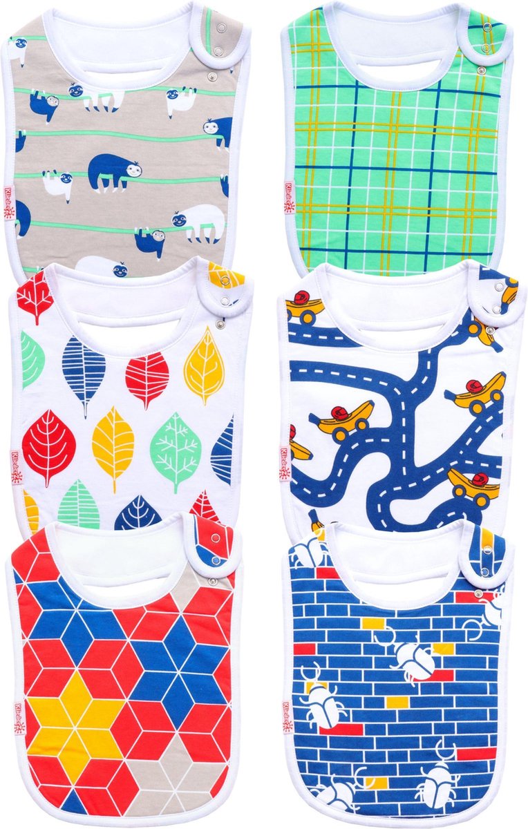 Baby slabbetjes KliederZ | Stoere eetslabben Jongens | 6 stuks slabbers Luiaard & Kevers blauwe print | FB06