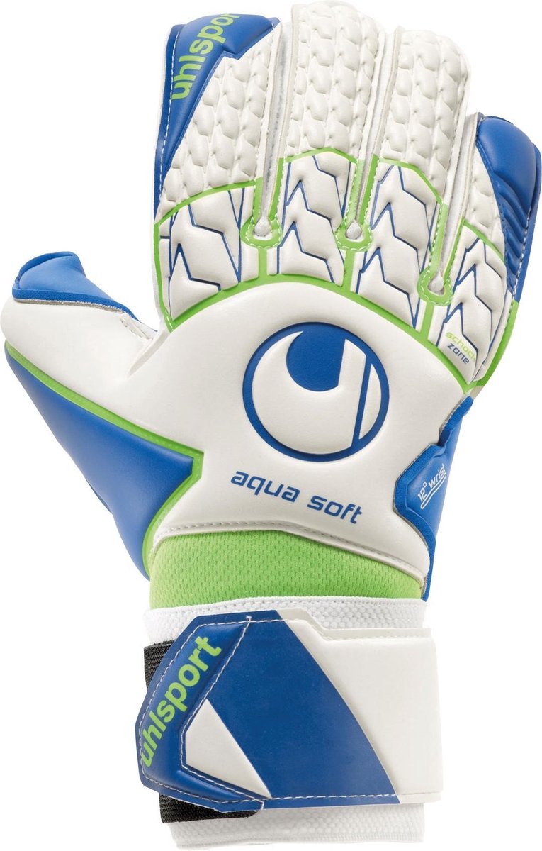 Uhlsport Aquasoft Keepershandschoenen - Wit / Blauw / Fluo Groen | Maat: 8