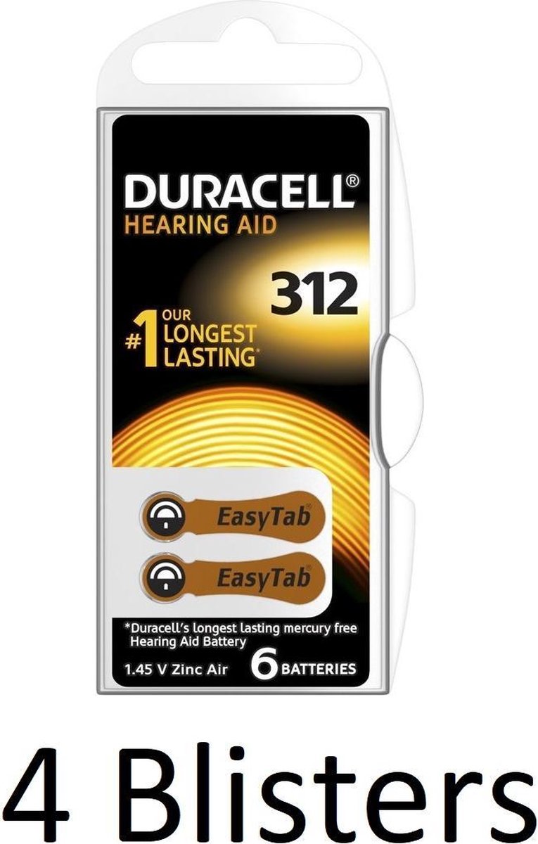 24 Stuks (4 Blisters a 6 st) Duracell Duralock Hearing Aid 312 Bruin