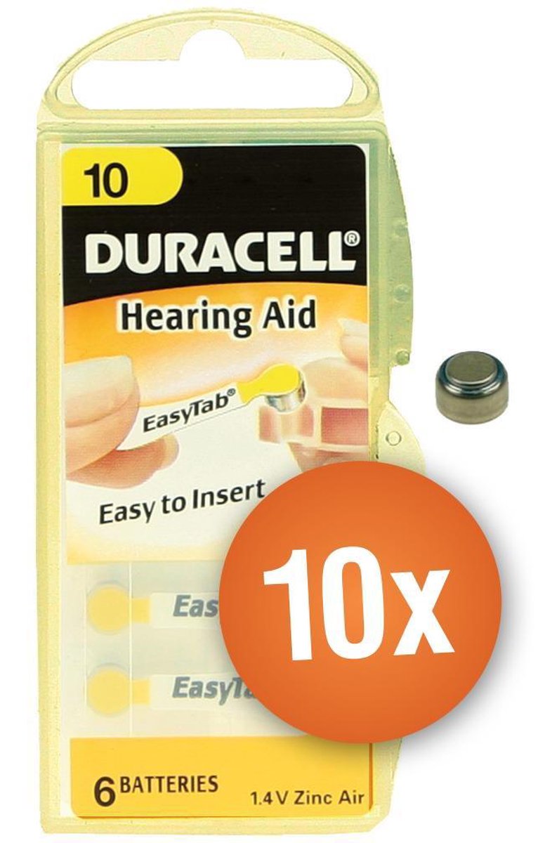 Duracell type 10 gehoorapparaat batterijen DA10 - geel - 60 stuks (10 x 6 batterijen)