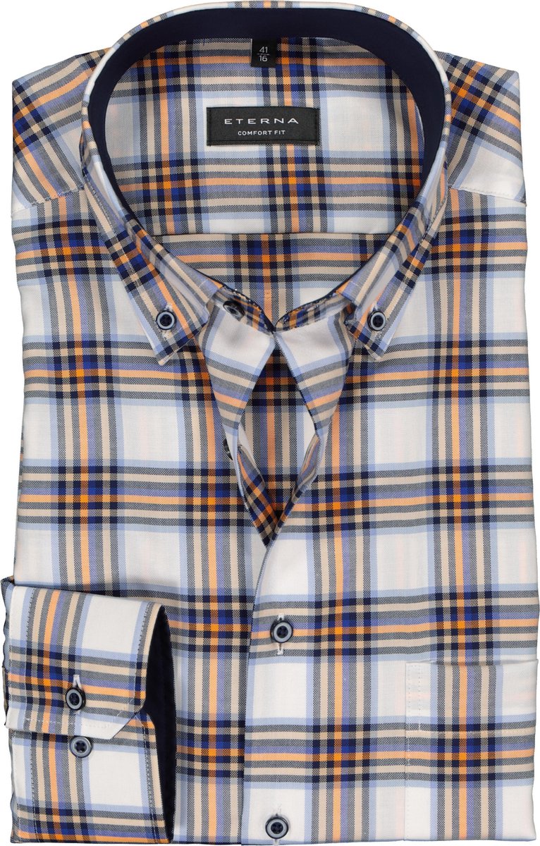 Eterna Comfort Fit overhemd - blauw met wit en oranje geruit (contrast) - Strijkvrij - Boordmaat: 48