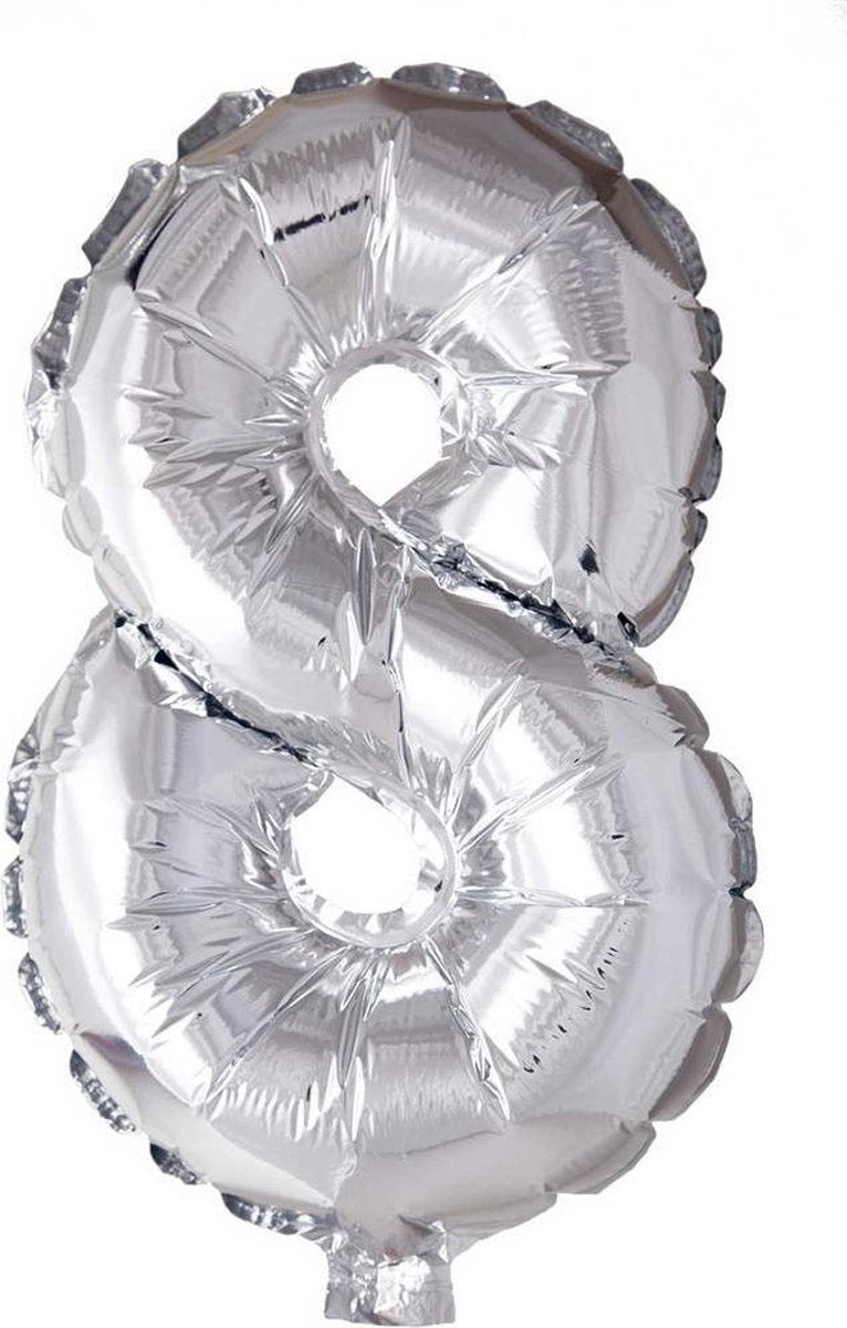 Folie Ballon Cijfer 8 Zilver 41cm met Rietje