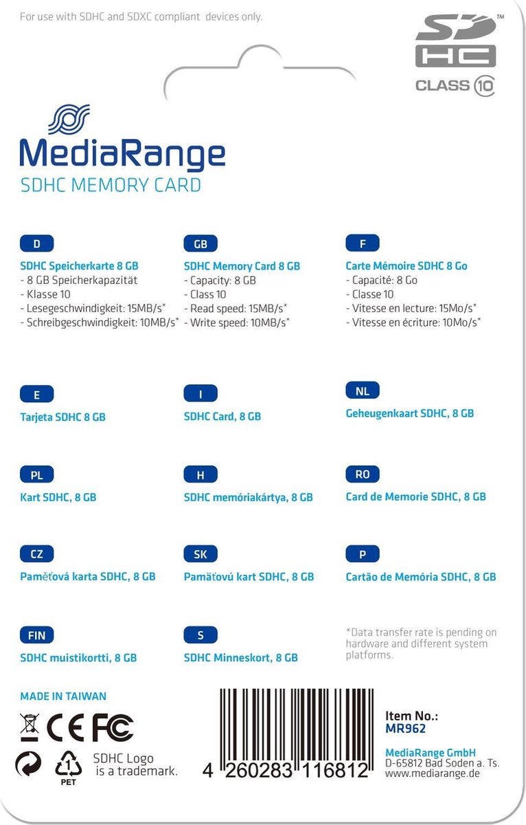 MediaRange MR962 flashgeheugen 8 GB SDHC Klasse 10