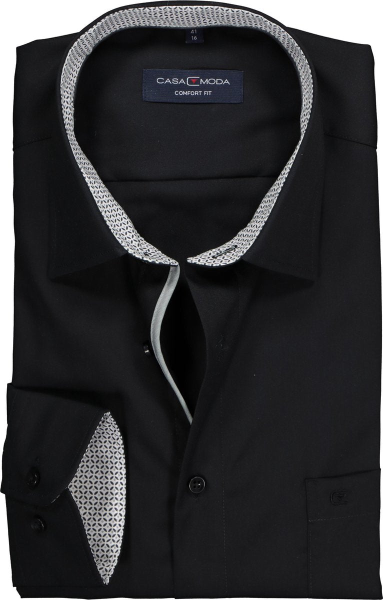 CASA MODA comfort fit overhemd - zwart (contrast) - Strijkvrij - Boordmaat: 54