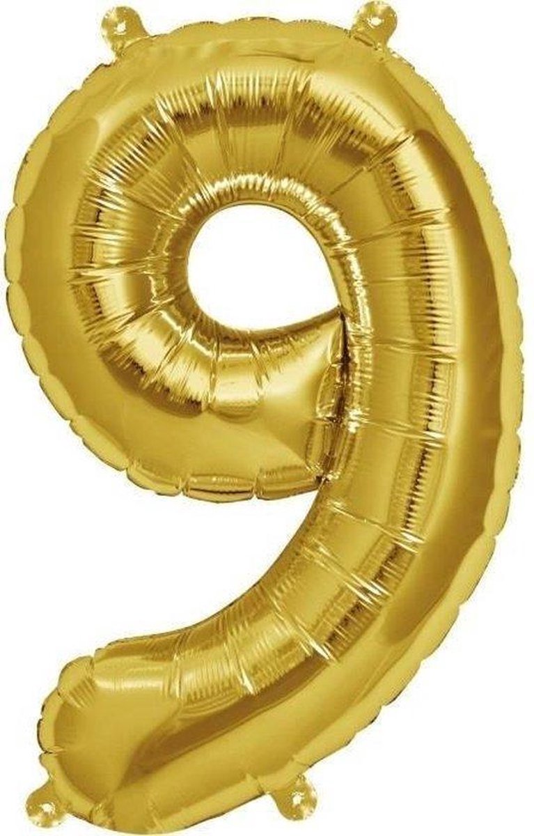 Folie Ballon - Cijfer 9 Goud Met Rietje |Verjaardag/Birthday | Party | Jubileum |