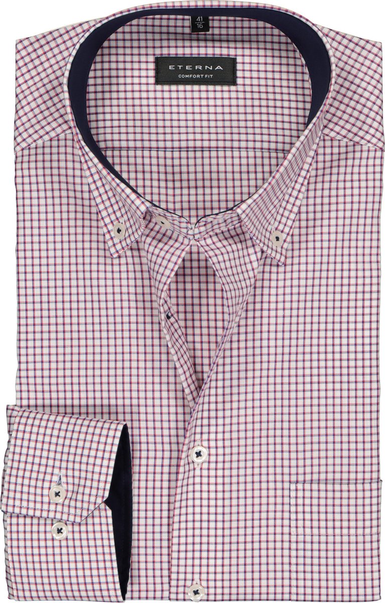 Eterna Comfort Fit overhemd - rood met wit en blauw geruit (contrast) - Strijkvrij - Boordmaat: 47