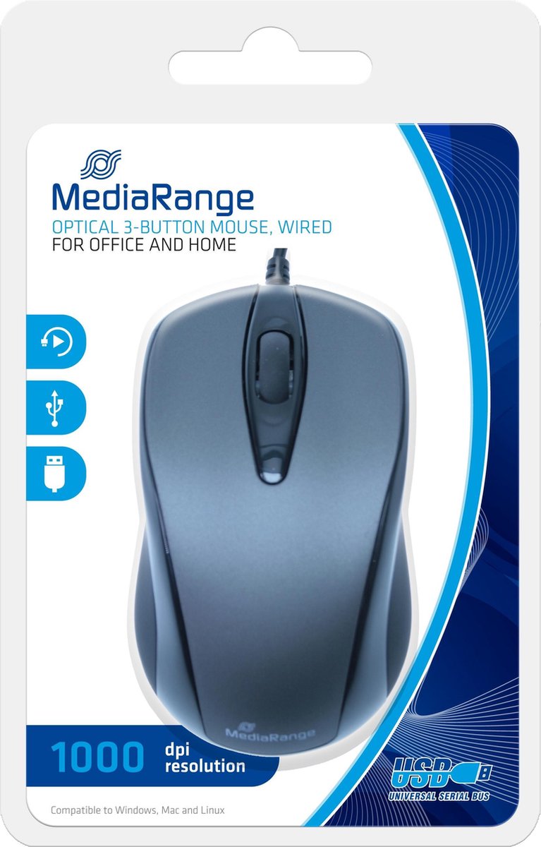 MediaRange MROS201 muis USB Type-A Optisch 1000 DPI Ambidextrous