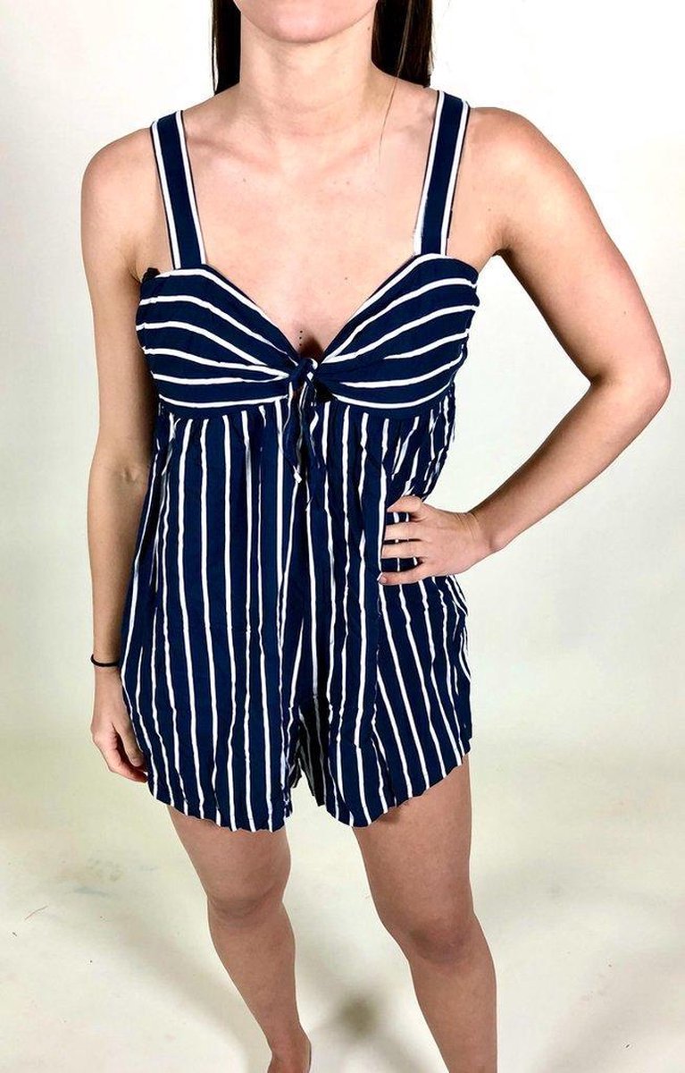 Seafolly New Sport - Gestreepte Playsuit Donkerblauw Wit - Jumpsuit voor Strand - Mini Stijl Geknoopt met Strik - Dames Maat S