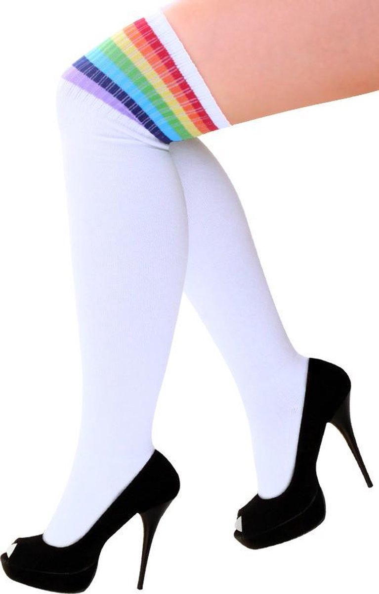 Lange sokken wit regenboog strepen - 36-41 - witte kniekousen kousen sportsokken cheerleader voetbal hockey unisex