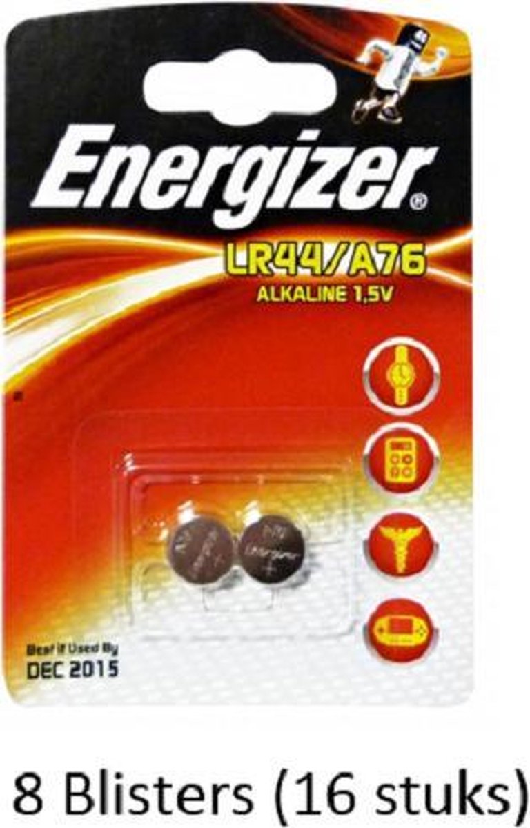 16 stuks (8 blisters a 2 stuks) Energizer Alkaline knoopcel LR44/A76 1.5V