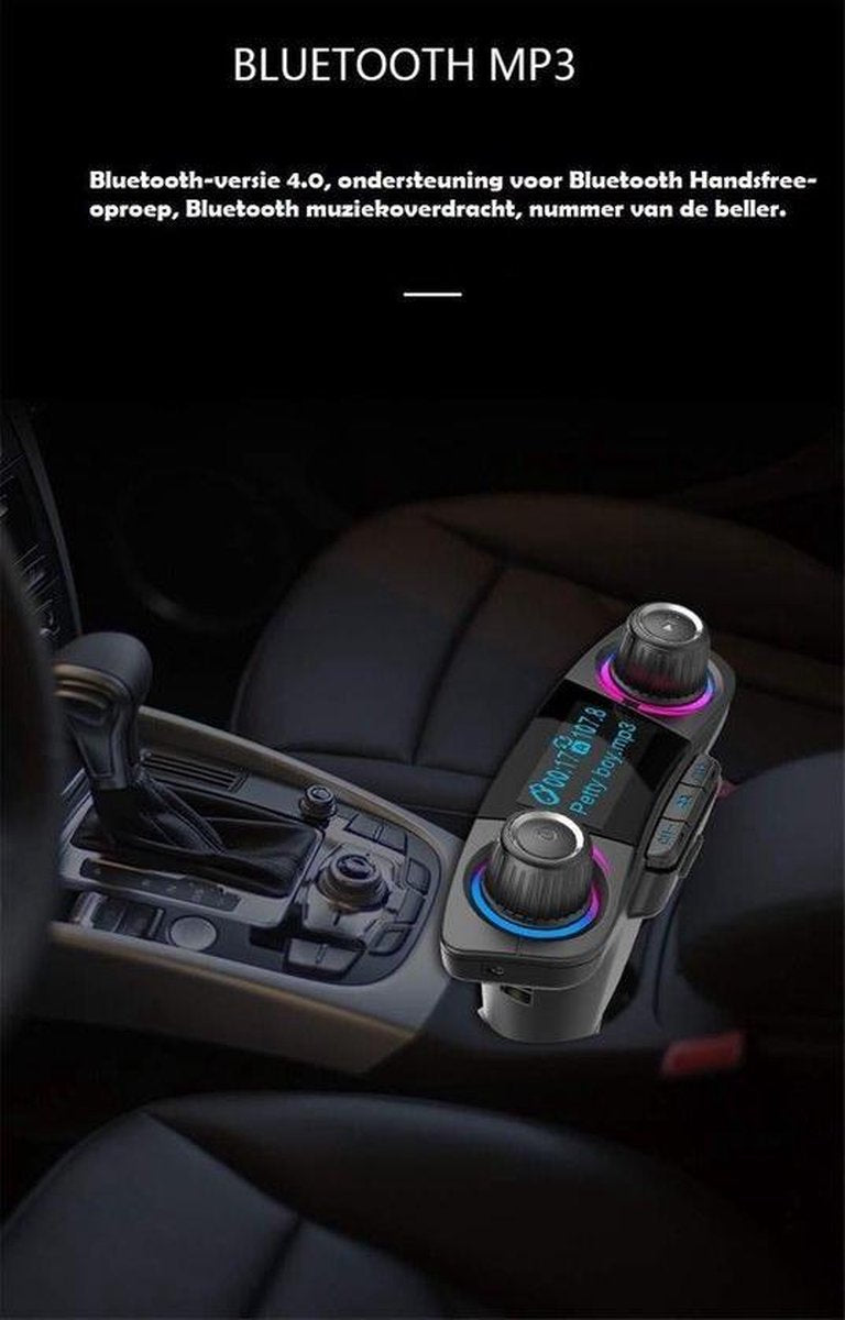 Multifunctionele Autolader kit - FM-transmitter & Aux – Dual USB Oplader 2.1A - Micro SD kaart - Bluetooth Fm transmitter - Handsfree - Audio-mp3-speler met Matrix LED-scherm – Bluetooth 4.0 + EDR & A2DP – Zwart