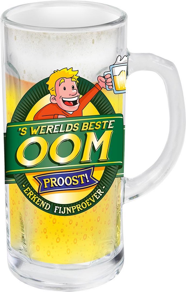Bierpul - 's werelds beste Oom - Gevuld met een gele snoepmix en een schuimkraag van wit snoep - In cadeauverpakking met gekleurd lint