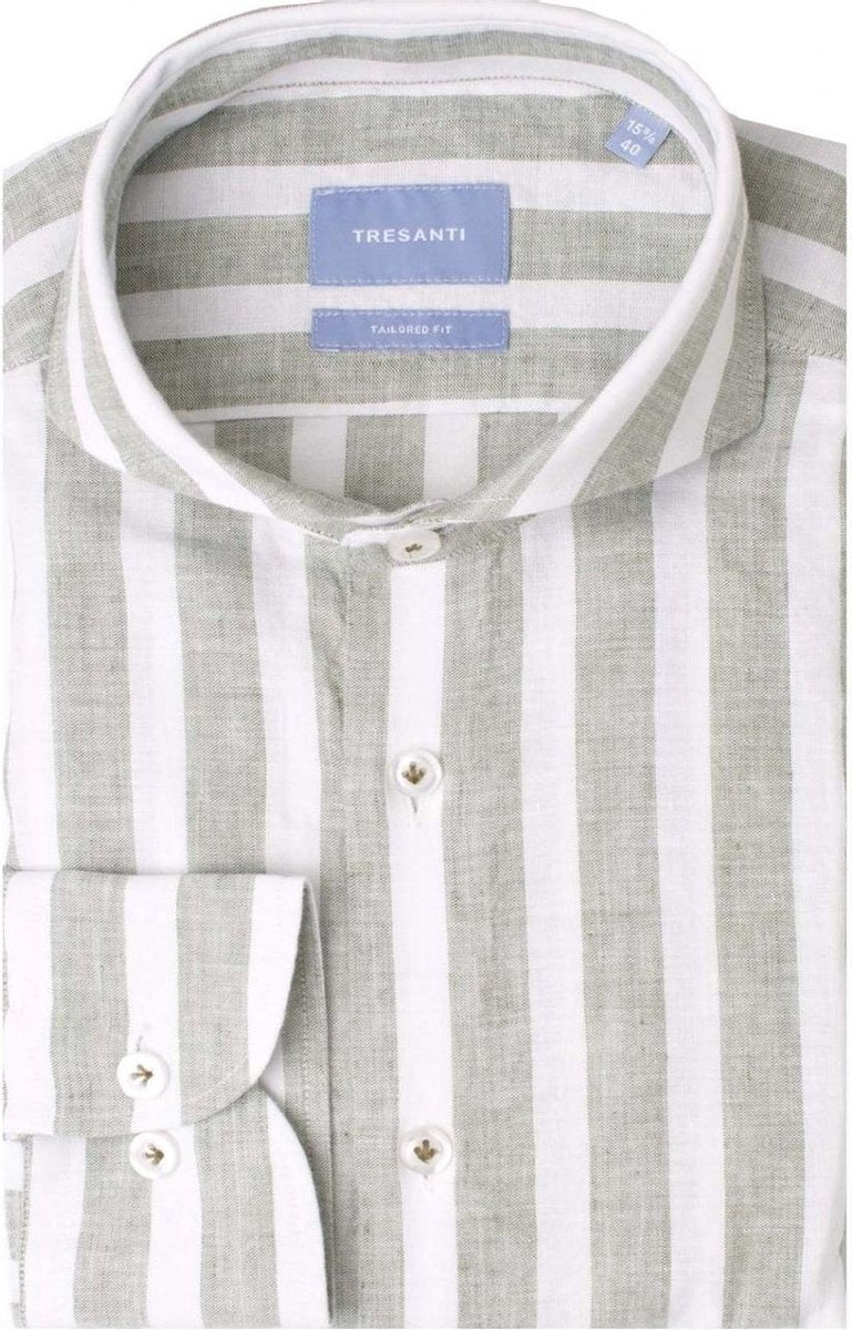 Tresanti Heren Overhemd Wit Groen Gestreept Cutaway Tailored Fit - 41