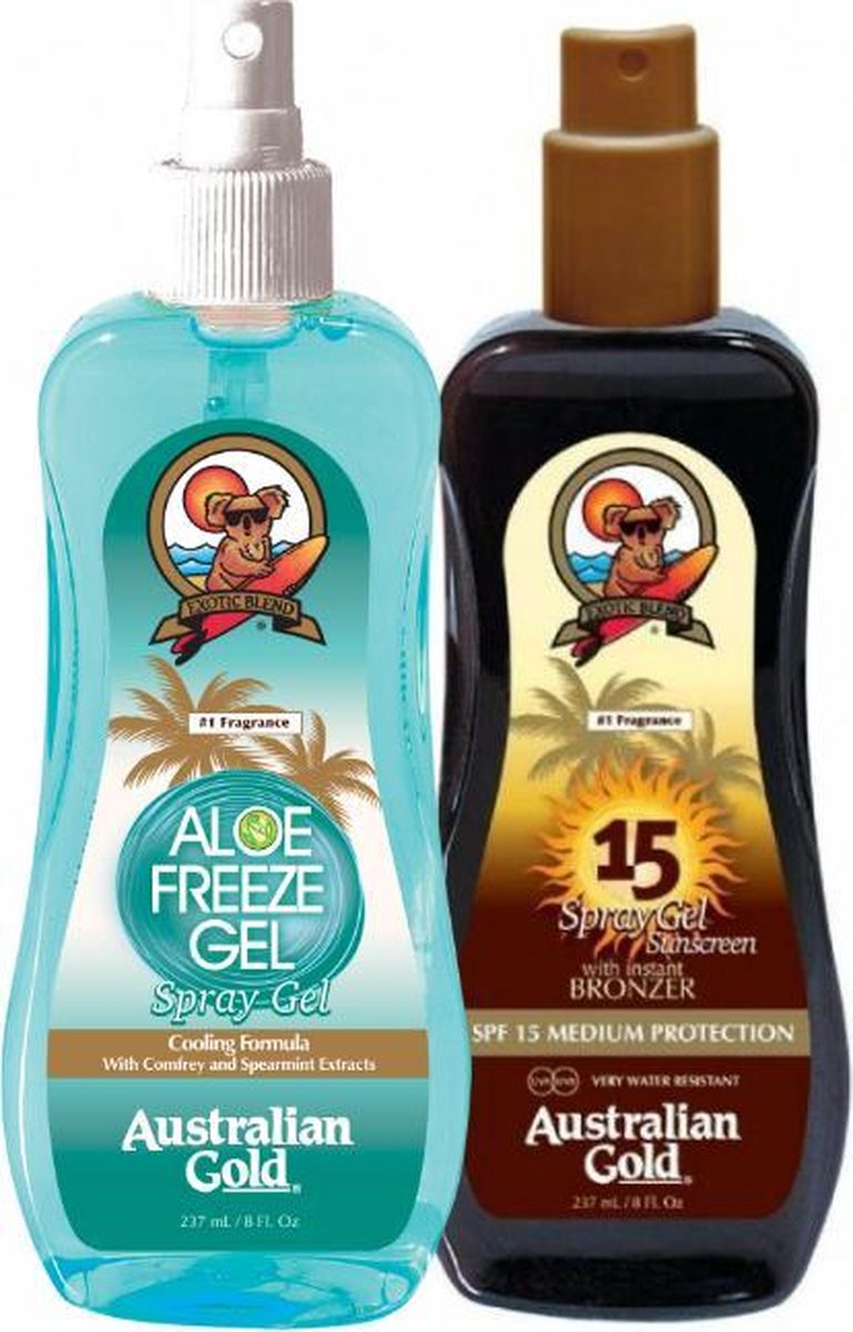 Australian Gold SPF 15 bronzer + Soothing gel after sun.
