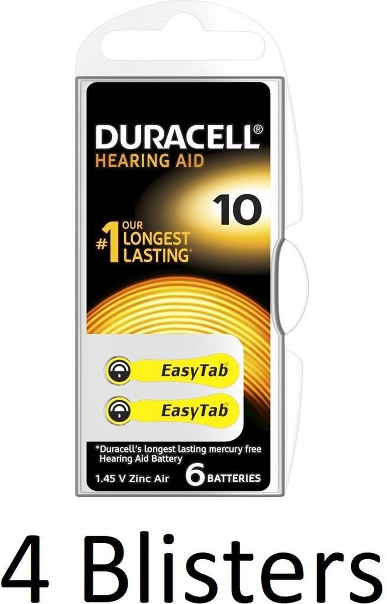 24 Stuks (4 Blisters a 6 st) Duracell Duralock Hearing Aid 10 geel