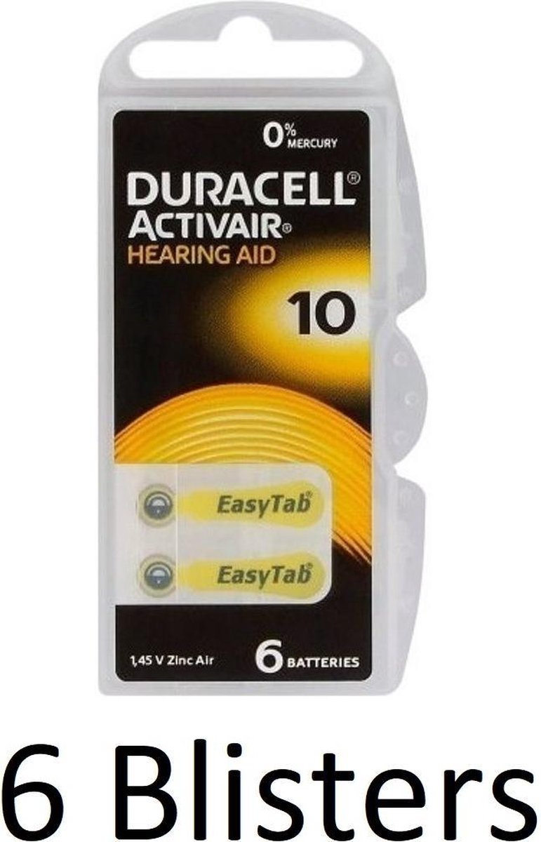 36 stuks (6 Blisters a 6 st) Duracell Duralock Hearing Aid 10 Geel