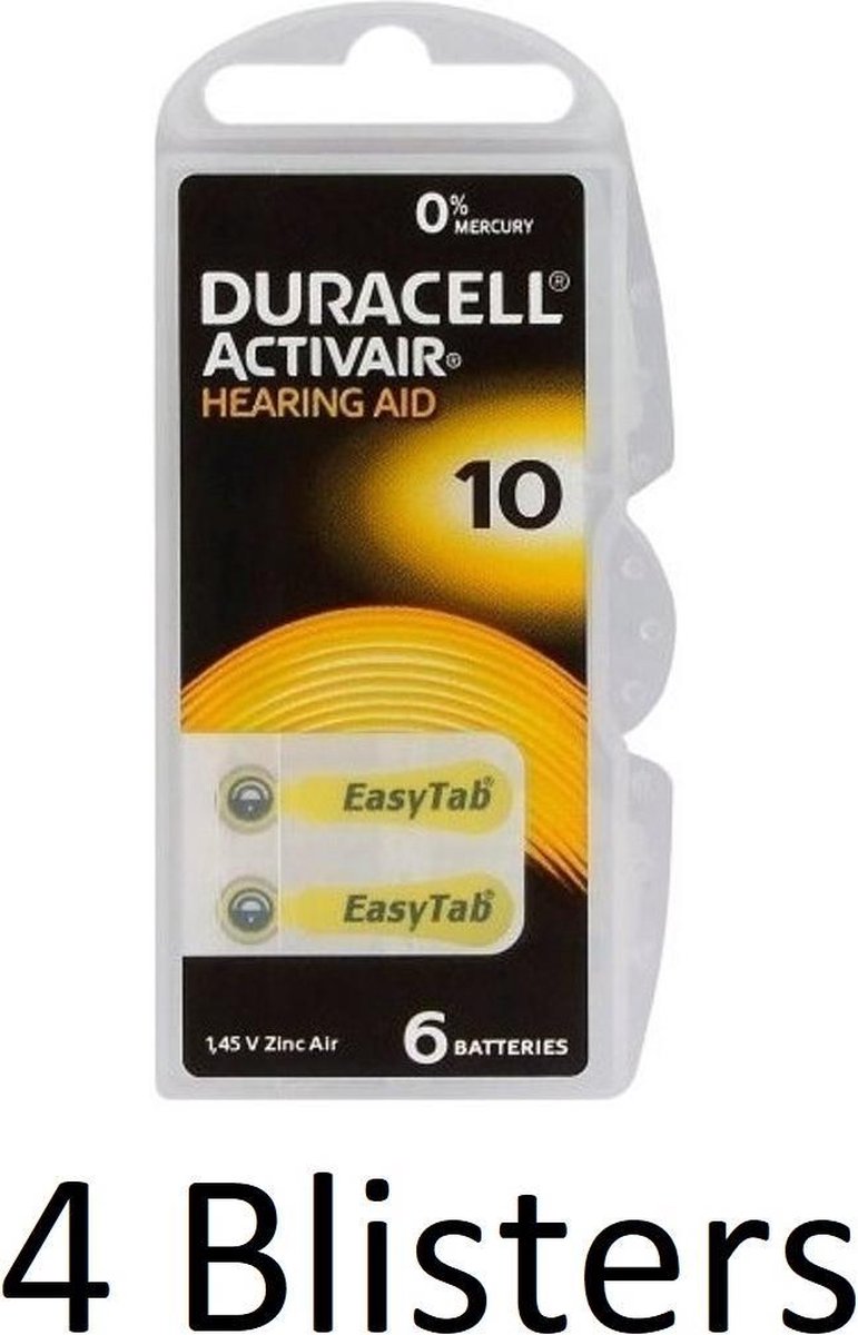 24 Stuks (4 Blisters a 6 st) Duracell Duralock Hearing Aid 10 Geel
