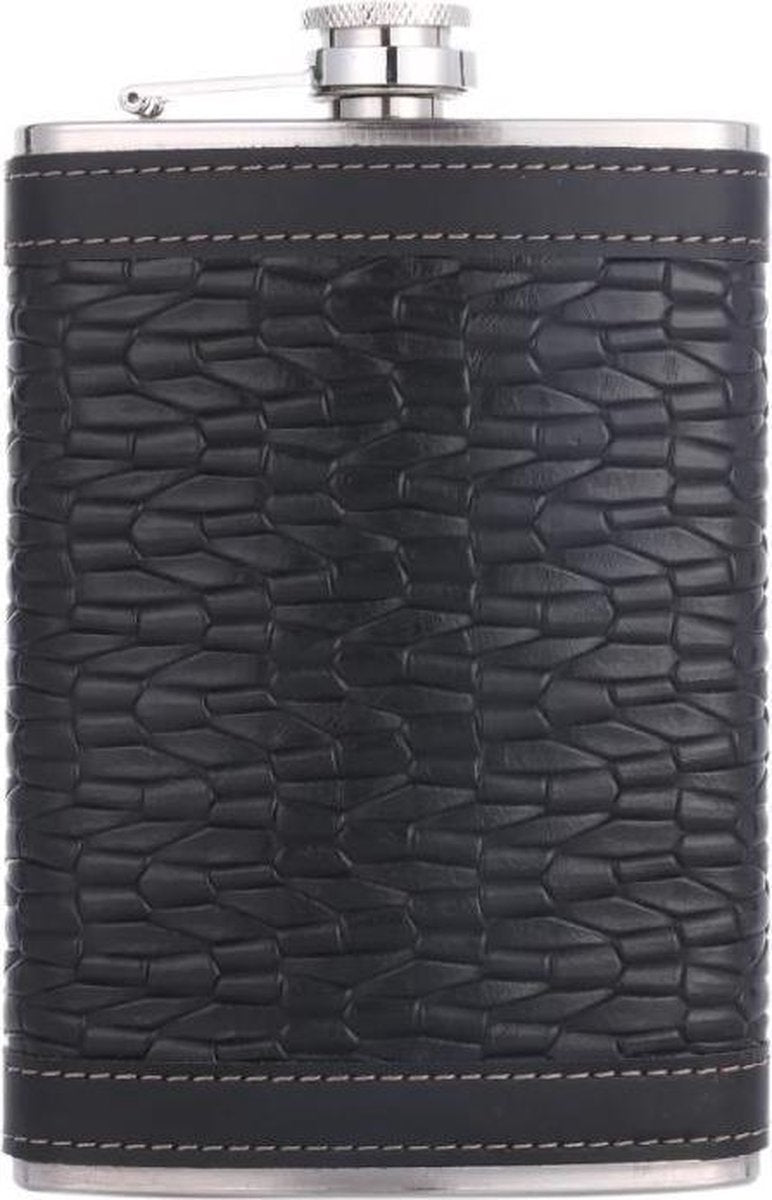 Zwart kunstlederen RVS heupfles 236 ml / 8oz - Veldfles zwart leder - Platvink - Zakflacon - Heupflacon zwart leer- Drankfles - Drankflacon - PU Leren Zakfles - Leather