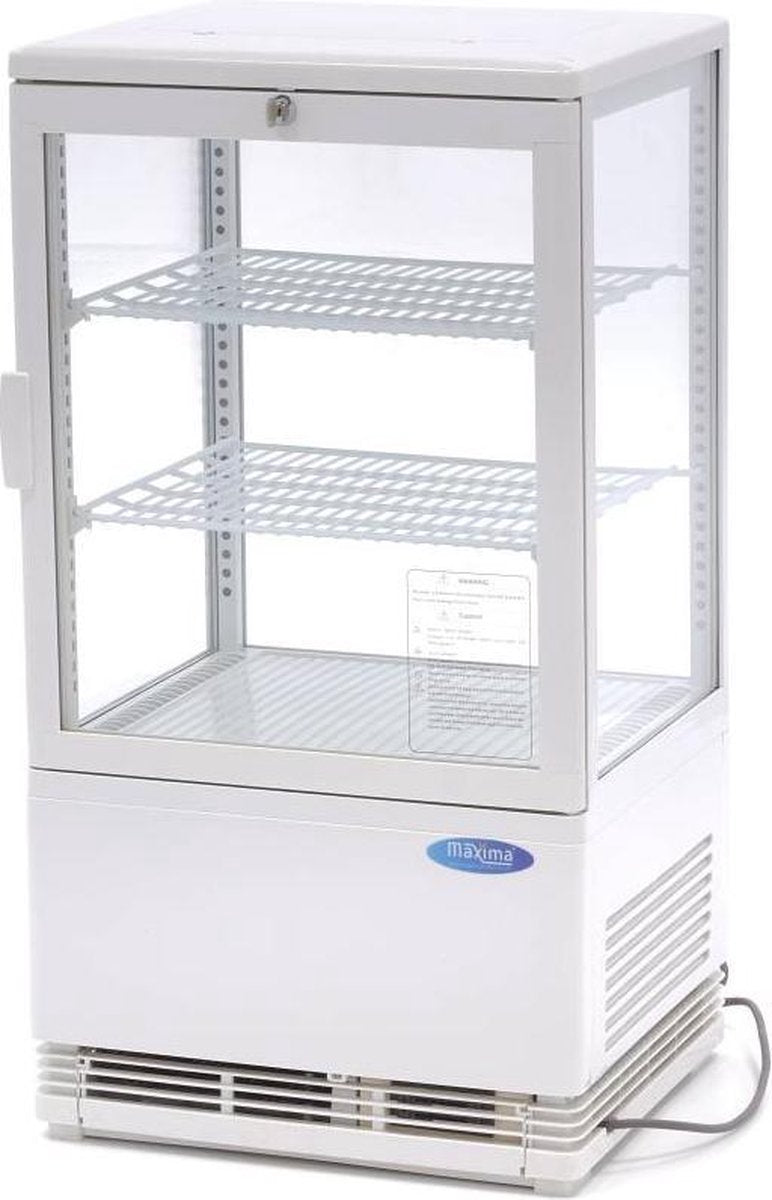 Koelvitrine 58 Liter - Wit - Tafelmodel - Dubbel Glas - Deur met Slot - Digitale Temperatuur Control - Met 2 Roosters - Mini Display Vitrine - Maxima