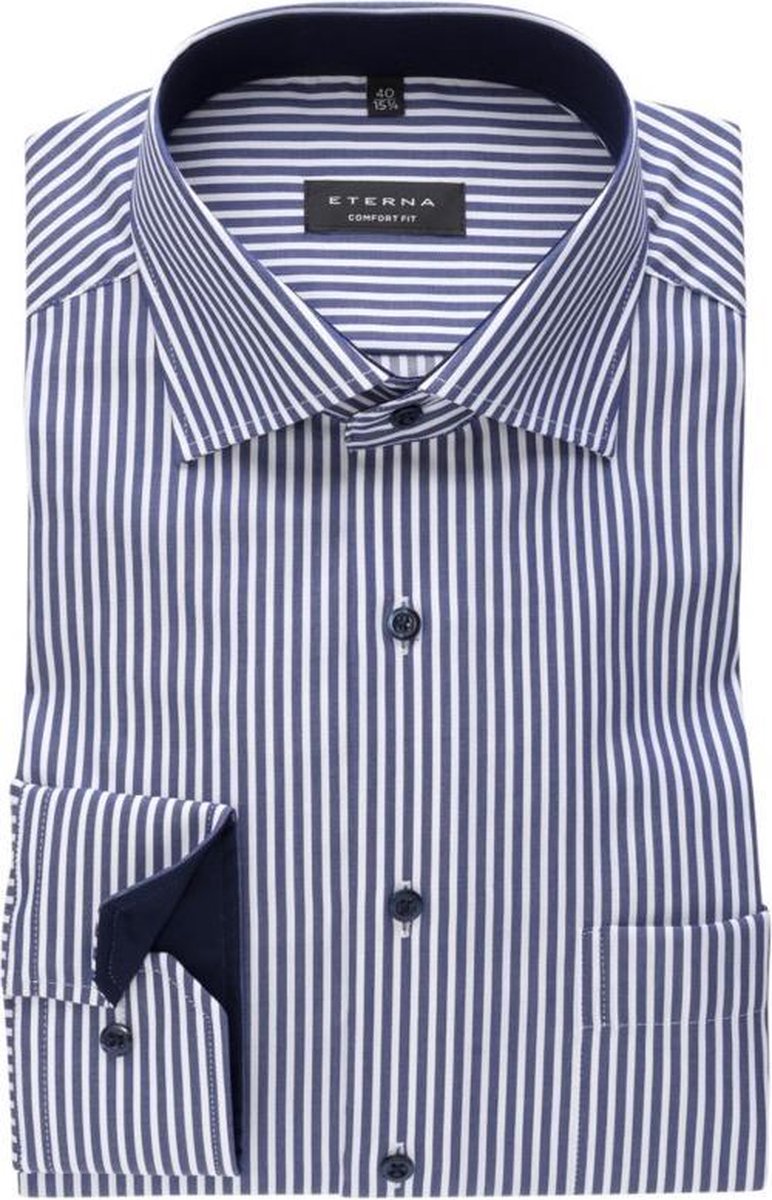 ETERNA comfort fit overhemd - twill heren overhemd - blauw met wit gestreept (contrast) - Strijkvrij - Boordmaat: 48
