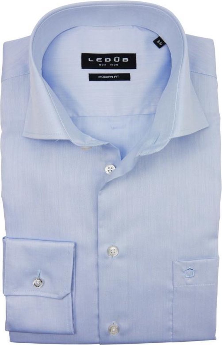 Ledeb Modern Fit overhemd mouwlengte 7 - blauw - Strijkvrij - Boordmaat: 47