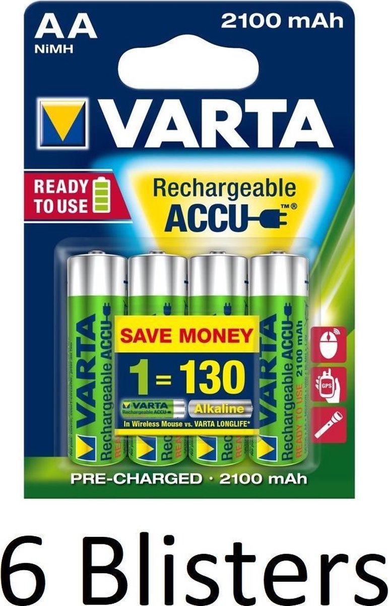 24 Stuks (6 Blisters a 4 st) Varta Oplaadbare Batterijen AA 2100 mAh