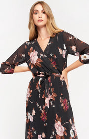 Midi jurk met bloemen en ceintuur - Zwart
